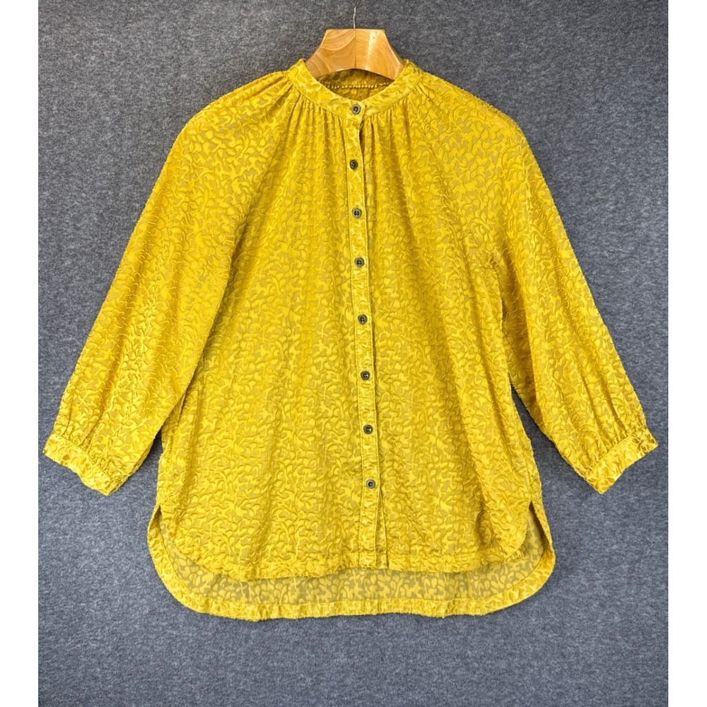 Anthropologie Burnout Velvet Peasant Blouse Women L Yellow Mandarin Collar Shirt